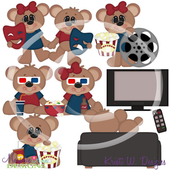Movie Night Bears SVG Cutting Files/Paper Piecing + Clipart - Click Image to Close